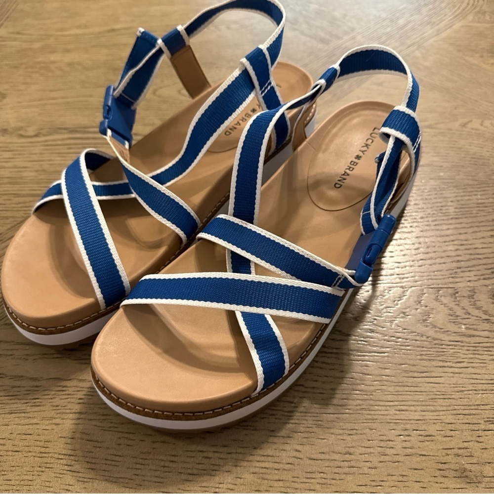 NEW LUCKY BRAND Imba Sporty Wedge Sandals, Classic Blue Webbing 12M